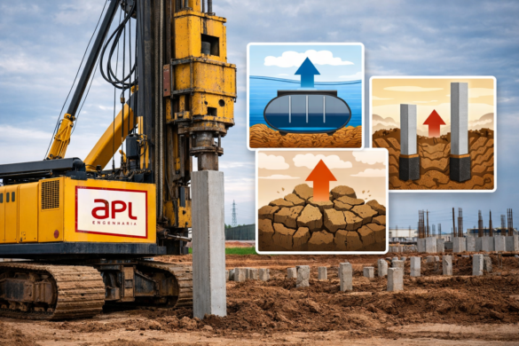 Cravação de estaca pré-moldada mostrando fenômenos de levantamento em fundações como empuxo da água, expansão do solo e deslocamento causado por estacas.