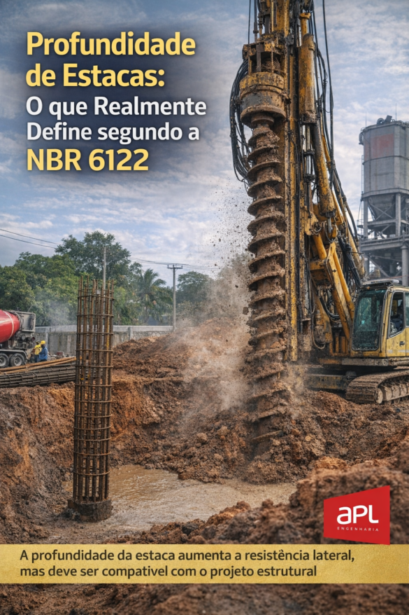 Execução de estaca profunda mostrando influência da profundidade na resistência lateral e capacidade de carga segundo a NBR 6122