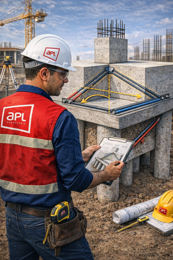 bloco de fundação mostrando bielas de compressão e tirantes de tração na armadura conforme NBR 6118
