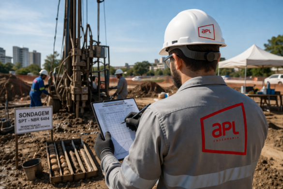 Engenheiro da APL Engenharia inspecionando canteiro de investigação geotécnica com sondagem de solo