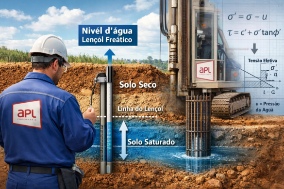 Ilustração geotécnica mostrando nível do lençol freático, solo seco e saturado, e sua influência na tensão efetiva conforme a mecânica dos solos