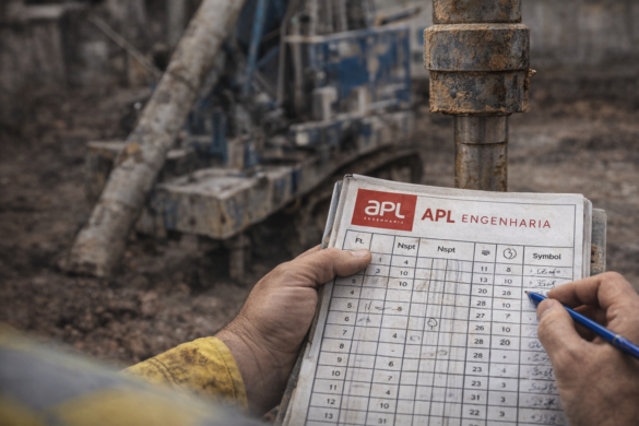 Registro de sondagem SPT em campo com ficha técnica da APL Engenharia e anotação de Nspt durante investigação geotécnica