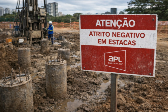 Placa em canteiro de obras alertando sobre atrito negativo em estacas com fundações profundas ao fundo