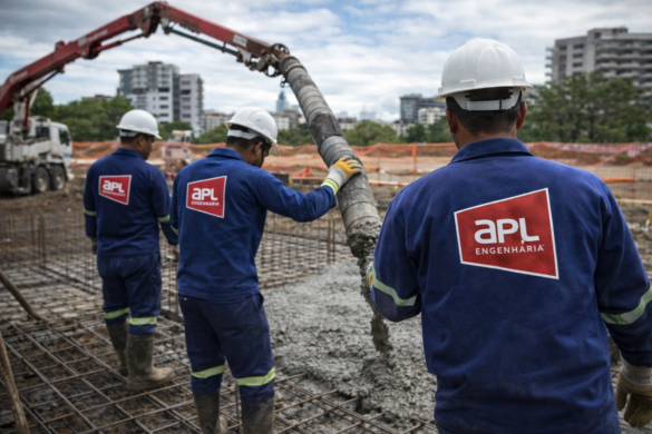 Equipe da APL Engenharia realizando lançamento de concreto bombeável com bomba em canteiro de obras