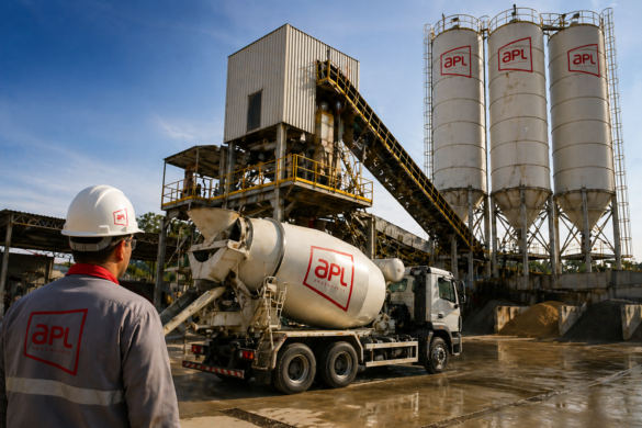 Usina de concreto com silos e caminhão betoneira da APL Engenharia sendo carregado, com operador acompanhando o processo em ambiente industrial.