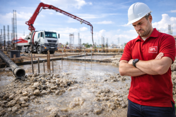 Engenheiro com uniforme técnico observando concreto segregado durante lançamento por bomba em obra, com separação visível entre brita e pasta.