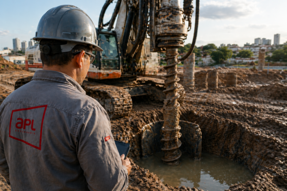 Engenheiro da APL Engenharia acompanhando execução de estaca com perfuratriz em solo com água acumulada, evidenciando condições de nível d’água em canteiro de obras.