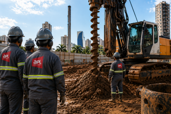 Equipe de trabalhadores uniformizados acompanha a execução de estaca hélice contínua com perfuratriz em canteiro de obra urbano sob forte iluminação natural.