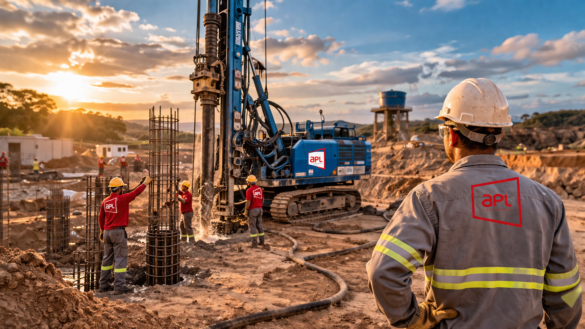 Perfuratriz executando estaca raiz em canteiro de obras com equipe da APL Engenharia e armaduras em primeiro plano.