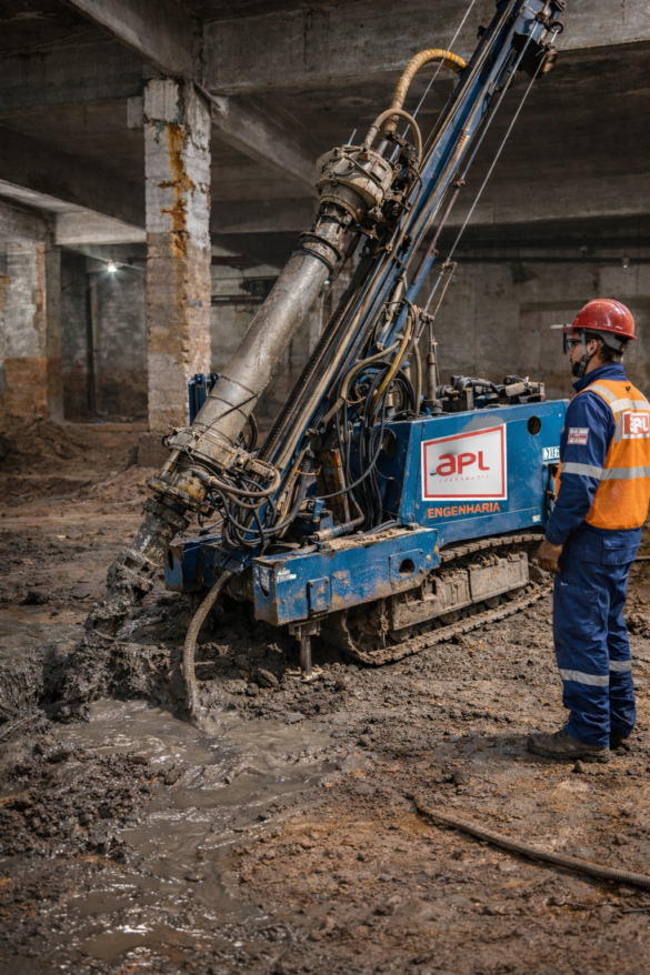 Perfuratriz de estaca raiz da APL Engenharia executando reforço de fundação em subsolo de edificação existente