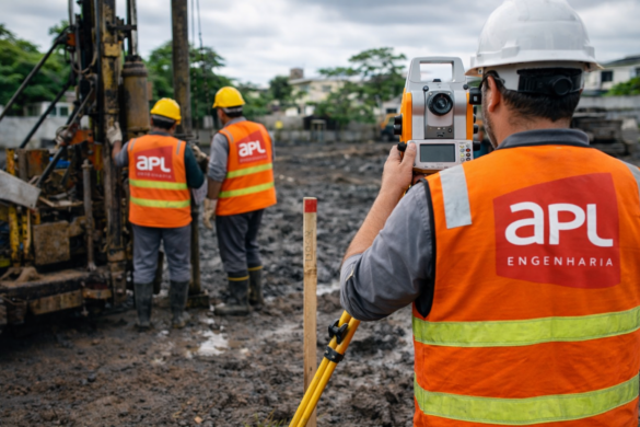 Topógrafo utilizando estação total para conferir locação de estaca ao lado de perfuratriz, com equipe de fundações em campo e controle de execução para evitar estaca fora de prumo.