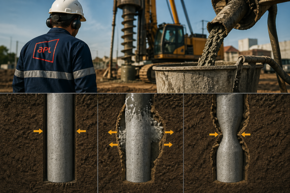 Operário com uniforme da APL Engenharia acompanhando execução de estaca com perfuratriz e lançamento de concreto, com ilustração inferior mostrando variações no diâmetro do fuste no solo.