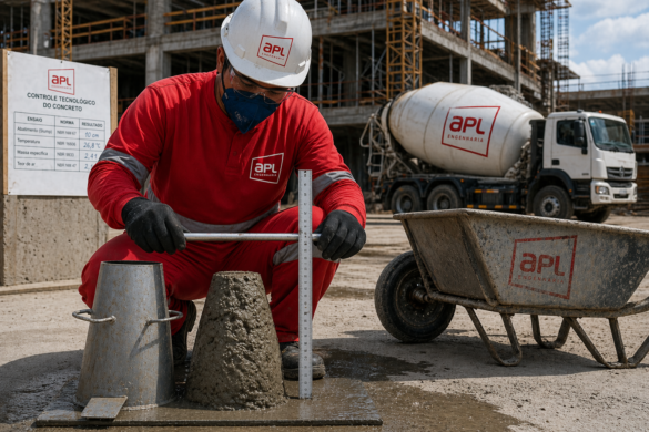 Operário uniformizado realizando ensaio de slump do concreto com tronco de cone em canteiro de obra, utilizando equipamentos de segurança e medindo o abatimento.