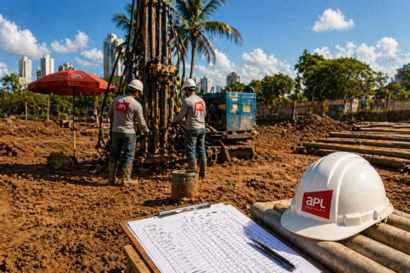 Equipe realizando sondagem SPT em obra com perfuratriz em solo tropical, com capacete identificado e planilha de campo, evidenciando controle e análise da variabilidade dos resultados.