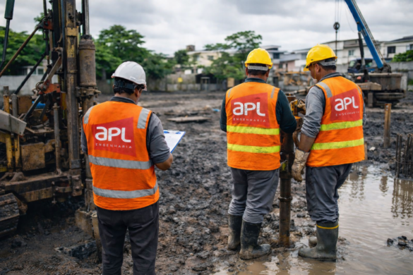 Equipe de campo em investigação geotécnica para avaliação de solo colapsível e definição de fundações rasas ou estacas conforme risco de recalque por saturação