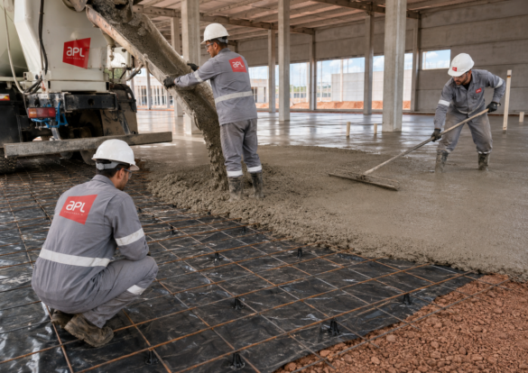 Equipe da APL Engenharia executa concretagem de piso com concreto usinado em Montes Claros, com caminhão betoneira, lona plástica, armadura, espaçadores e acabamento superficial do concreto.