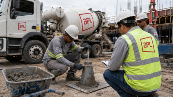 Equipe da APL Engenharia realiza ensaio de abatimento do concreto em obra, com caminhão betoneira ao fundo, operador medindo o slump e engenheiro acompanhando o controle tecnológico do concreto usinado em Montes Claros.