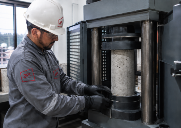 Operário com uniforme da APL Engenharia posiciona corpo de prova cilíndrico de concreto em prensa hidráulica para ensaio de resistência à compressão em laboratório de controle tecnológico do concreto.