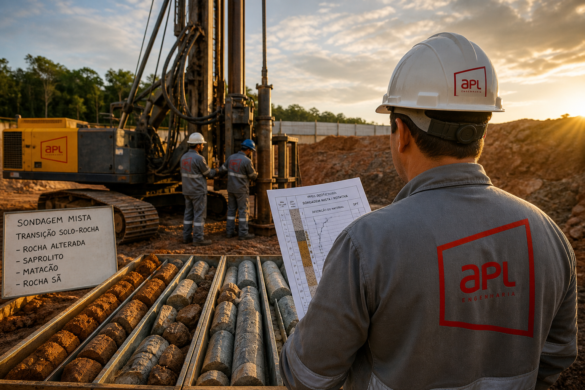 Equipe técnica da APL Engenharia realiza sondagem mista e rotativa em canteiro de obras, com perfuratriz, testemunhos de solo e rocha, e engenheiro analisando boletim de sondagem geotécnica.