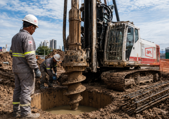 Perfuratriz executando estaca escavada em canteiro de obras, com trado dentro do furo, presença de água próxima à ponta da estaca e equipe operacional da APL Engenharia usando uniforme e equipamentos de segurança.