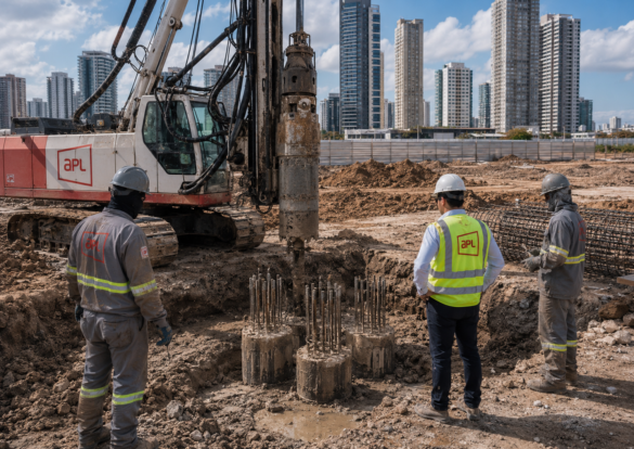 Equipe da APL Engenharia acompanha execução de estacas de fundação em canteiro de obras, com perfuratriz, estacas próximas, armaduras e controle técnico para estaca escavada, hélice contínua e estaca raiz.