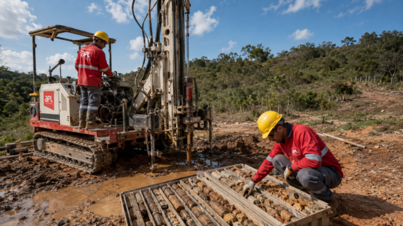 Equipe da APL Engenharia executa sondagem rotativa em campo com sonda geotécnica, operador com uniforme da empresa e caixas de testemunhos de rocha organizadas para análise técnica do maciço rochoso.