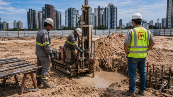 Equipe da APL Engenharia realiza sondagem geotécnica em terreno arenoso com presença de água, utilizando sonda de investigação de pequeno porte, hastes de sondagem e equipamentos de segurança em canteiro de obras.