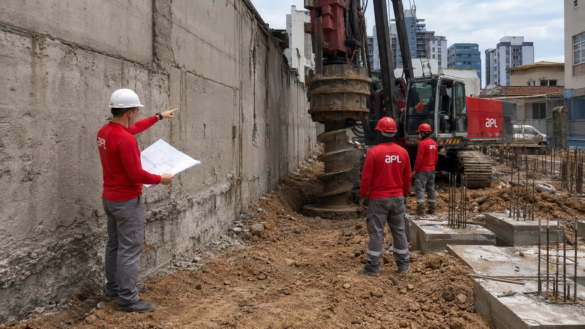 Equipe da APL Engenharia executando estacas em divisa com perfuratriz próxima ao muro lateral em obra urbana, com operários de camisa vermelha e calça cinza, armaduras de fundação e blocos estruturais, representando serviços de estacas escavadas, hélice contínua, estaca raiz e fundações profundas.