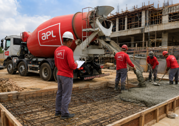 Caminhão betoneira da APL Engenharia descarregando concreto usinado em obra em Montes Claros, com equipe técnica acompanhando o fornecimento de concreto, lançamento, armadura e concretagem estrutural.