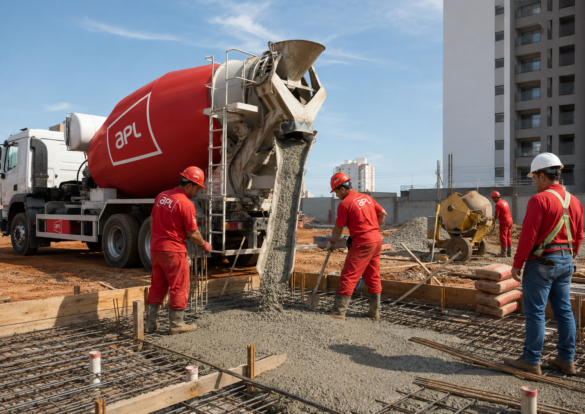 Caminhão betoneira da APL Engenharia realizando lançamento de concreto usinado em obra com equipe de concretagem, armaduras e formas estruturais. Imagem representando fornecimento de concreto em Montes Claros e controle técnico da concretagem.