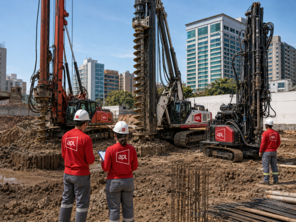 Equipamentos de fundações profundas da APL Engenharia executando estaca escavada, estaca hélice contínua e estaca raiz em canteiro de obras, com equipe técnica acompanhando a escolha do tipo de estaca conforme solo, nível d’água e projeto de fundações.