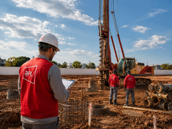 Equipe da APL Engenharia acompanhando execução de estacas em canteiro de obras, com perfuratriz de fundações profundas, armaduras, operários com uniforme vermelho e calça cinza, representando projeto de fundações, estaca hélice contínua, estaca escavada e estaca raiz.