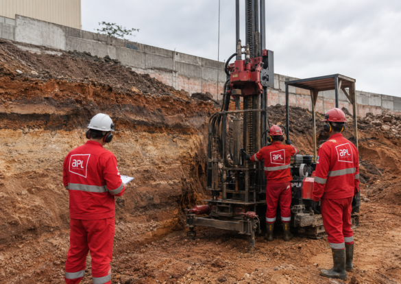 Equipe da APL Engenharia realizando sondagem geotécnica com perfuratriz em campo, investigando camadas de solo para determinação da tensão admissível, dimensionamento de fundações e projetos geotécnicos.