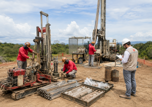 Equipe da APL Engenharia executando sondagem SPT e sondagem rotativa em campo, com equipamentos de investigação geotécnica, amostras de solo e testemunhos de rocha para projeto de fundações.