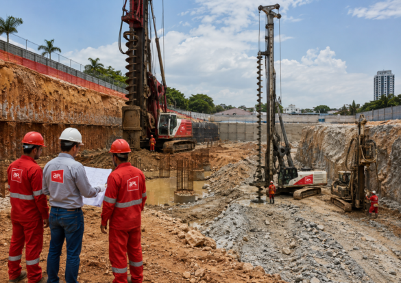 Equipe da APL Engenharia analisa projeto de fundações em canteiro de obras com equipamentos de estaca hélice contínua, estaca escavada e estaca raiz atuando em diferentes condições de solo, rocha e presença de água.