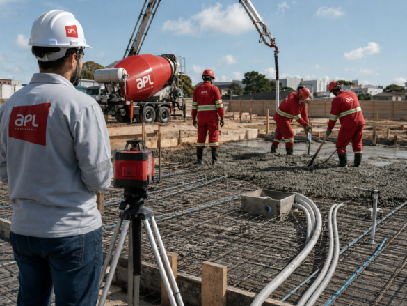 Equipe da APL Engenharia realiza concretagem com concreto usinado em Montes Claros, caminhão betoneira vermelho com logotipo APL, bomba de concreto, armadura, eletrodutos e controle de nível durante o lançamento do concreto.