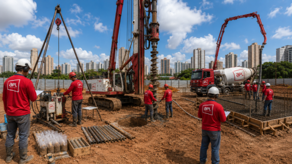 Equipe da APL Engenharia em canteiro de obras com sondagem, equipamento de fundações profundas, caminhão betoneira e bombeamento de concreto, representando serviços de geotecnia, fundações e concreto usinado em Montes Claros.