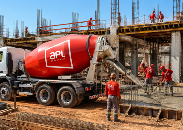 Caminhão betoneira da APL Engenharia fornecendo concreto usinado em obra em Montes Claros, com equipe realizando a concretagem da estrutura.