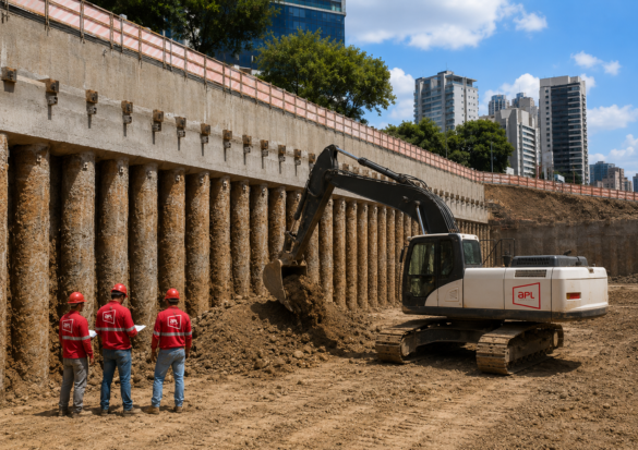 Cortina de estacas em escavação urbana com escavadeira e equipe da APL Engenharia em obra de contenção, geotecnia e fundações profundas.