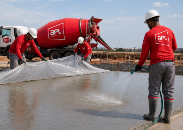 Equipe da APL Engenharia realizando cura de concreto recém-lançado em obra, com caminhão betoneira de concreto usinado ao fundo, balão vermelho com logomarca APL e aplicação de água sobre a superfície em Montes Claros.