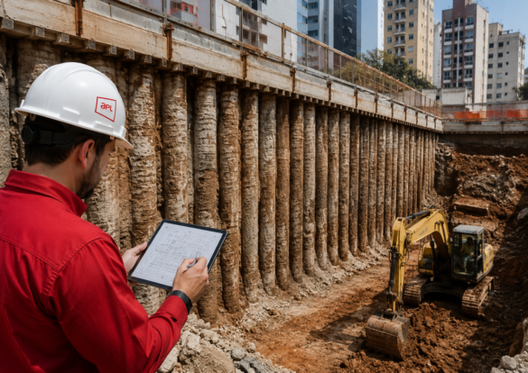 Engenheiro da APL Engenharia analisando o projeto de uma cortina de estacas durante escavação urbana, com estacas de contenção e escavadeira em operação.