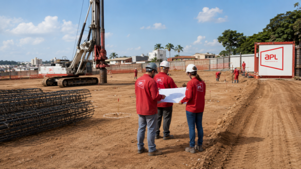 Equipe da APL Engenharia preparando obra para execução de estacas, com equipamento de fundações profundas, plataforma de trabalho, armaduras, locação dos pontos e controle técnico em canteiro.