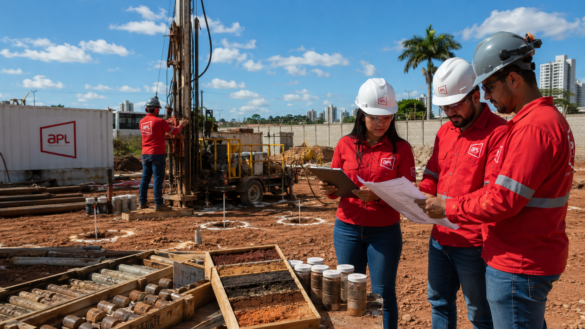 Equipe da APL Engenharia executando sondagem do solo antes da construção, com sondagem SPT, amostras de solo, boletim técnico e investigação geotécnica para projeto de fundações.