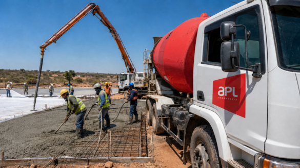 Caminhão-betoneira da APL Engenharia, com balão vermelho, fornecendo concreto bombeado para concretagem de laje sob sol intenso.