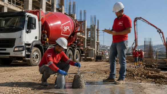 Equipe da APL realiza ensaio de slump ao lado de caminhão betoneira em obra com concreto usinado em Montes Claros.