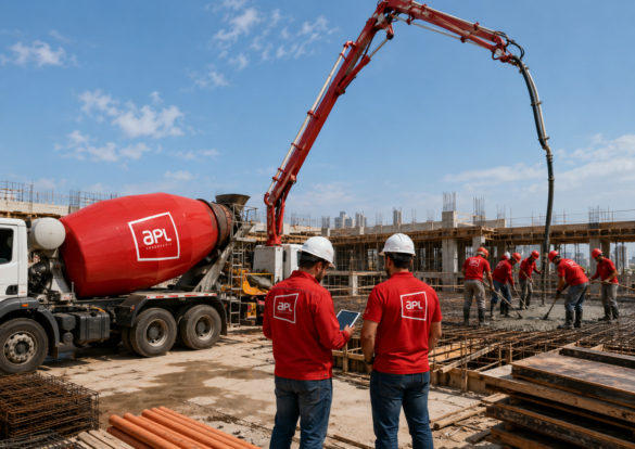 Concretagem com caminhão betoneira, bomba de concreto e equipe da APL Engenharia em serviço de concreto usinado e bombeamento em Montes Claros.