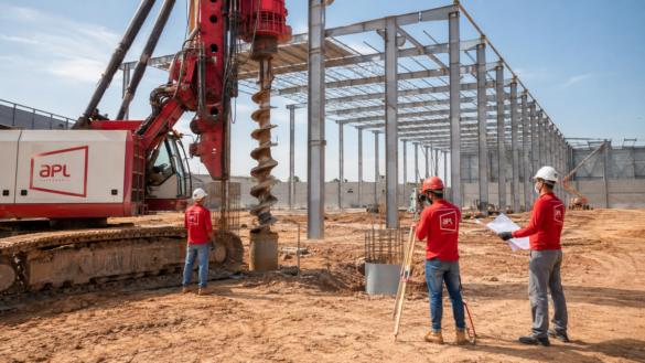 Empresa de fundações executando estaca em galpão industrial, com perfuratriz, armaduras e equipe da APL no controle topográfico.