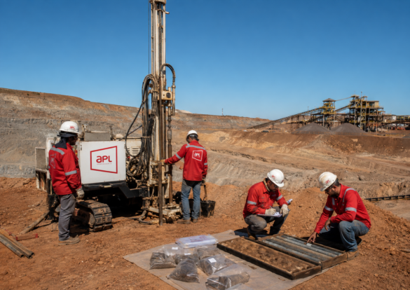 Equipe da APL Engenharia executando sondagem geotécnica em área de mineração, com perfuratriz, testemunhos de rocha e amostras de solo para investigação do subsolo.