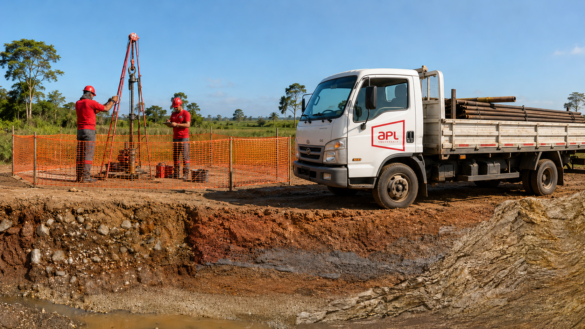 Empresa de sondagem executando sondagem SPT em área de segurança, com caminhão da APL e diferentes camadas de solo e rocha.